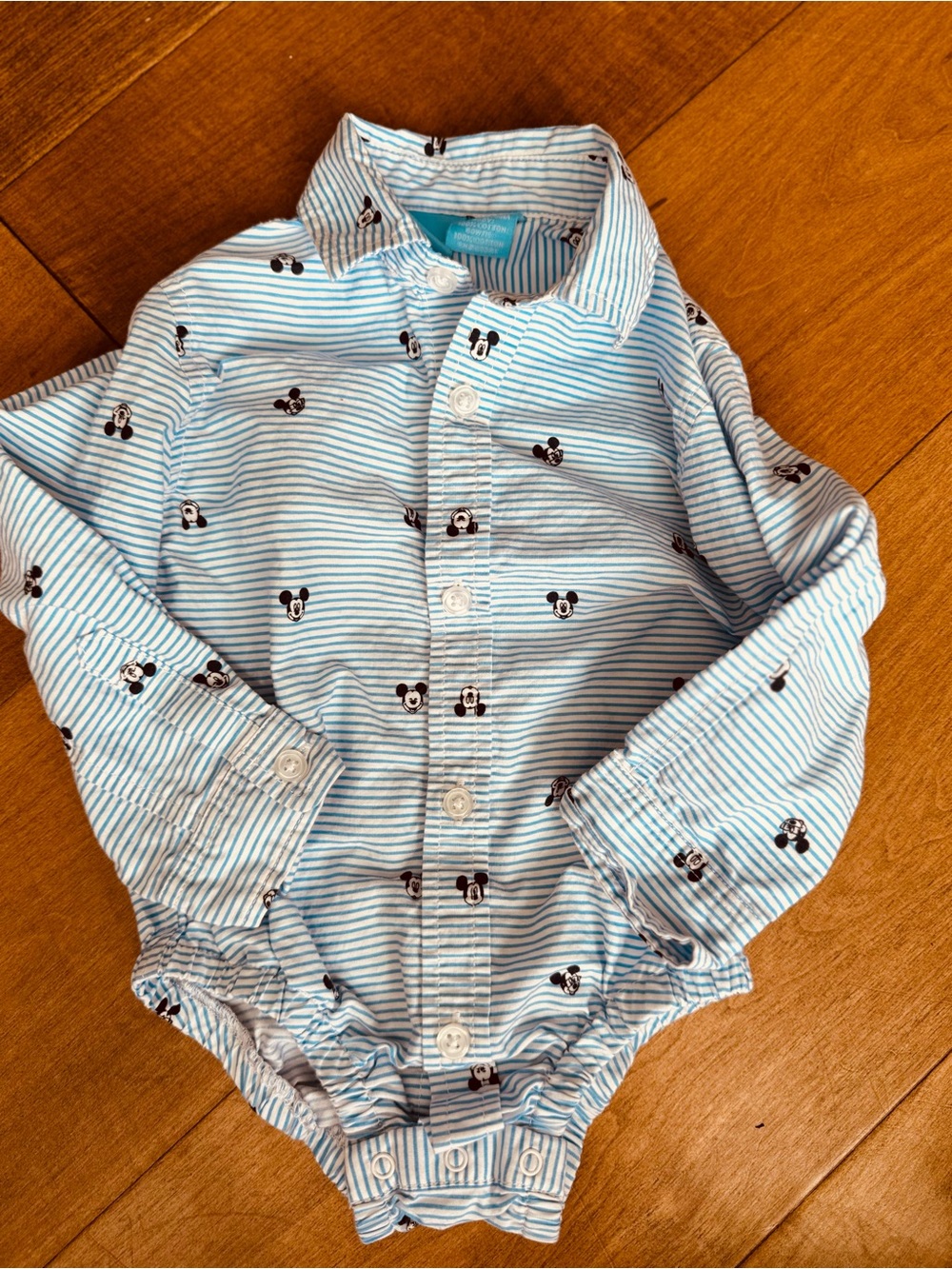 Disney Light Blue & White Striped Button-Down Bodysuit with Mickey Print